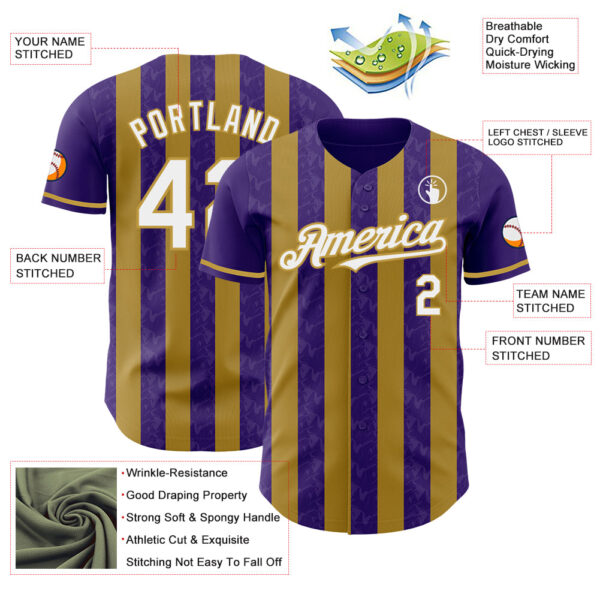 Custom Purple White-Old Gold Classic Vertical Stripe Fluid Liquid Texture Authentic Baseball Jersey