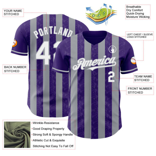 Custom Purple White-Gray Classic Vertical Stripe Fluid Liquid Texture Authentic Baseball Jersey