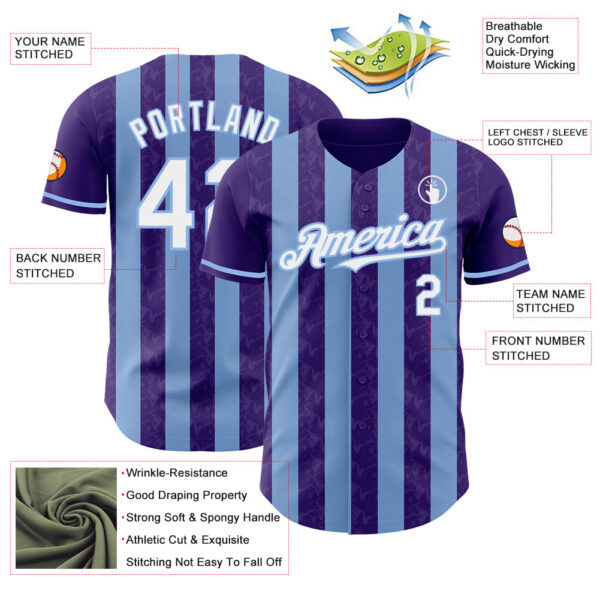 Custom Purple White-Light Blue Classic Vertical Stripe Fluid Liquid Texture Authentic Baseball Jersey