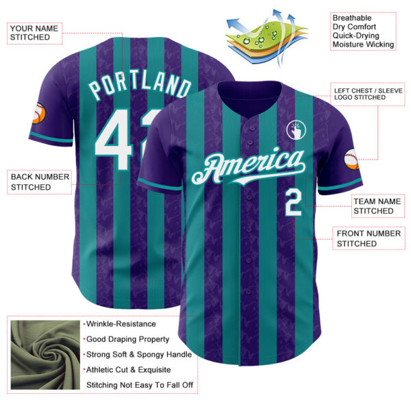 Custom Purple White-Teal Classic Vertical Stripe Fluid Liquid Texture Authentic Baseball Jersey