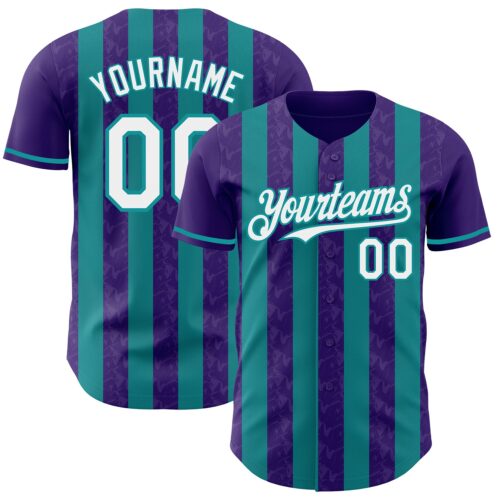 Pinstripe0281 Custom Purple White-Teal Classic Vertical Stripe Fluid Liquid Texture Authentic Baseball Jersey