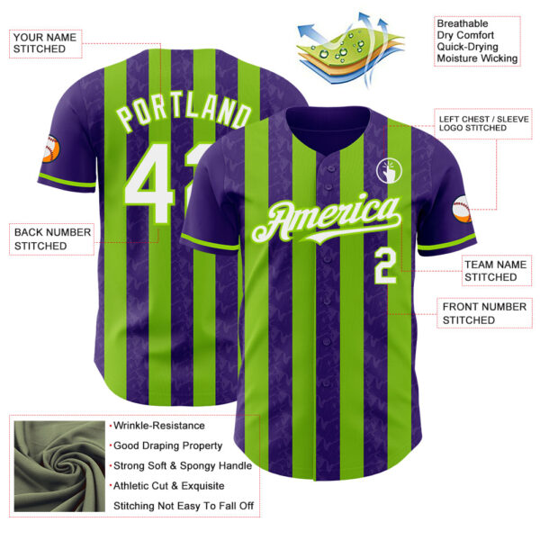Custom Purple White-Neon Green Classic Vertical Stripe Fluid Liquid Texture Authentic Baseball Jersey