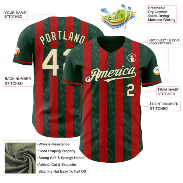 Custom Green Cream-Red Classic Vertical Stripe Fluid Liquid Texture Authentic Baseball Jersey