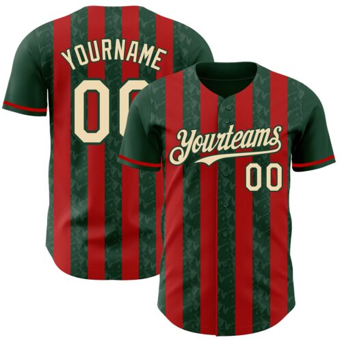 Pinstripe0285 Custom Green Cream-Red Classic Vertical Stripe Fluid Liquid Texture Authentic Baseball Jersey