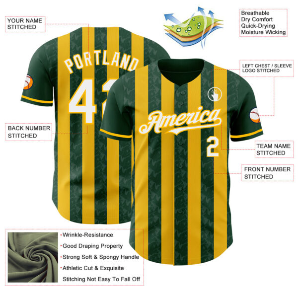Custom Green White-Gold Classic Vertical Stripe Fluid Liquid Texture Authentic Baseball Jersey