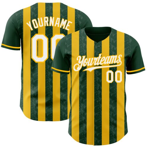 Pinstripe0288 Custom Green White-Gold Classic Vertical Stripe Fluid Liquid Texture Authentic Baseball Jersey