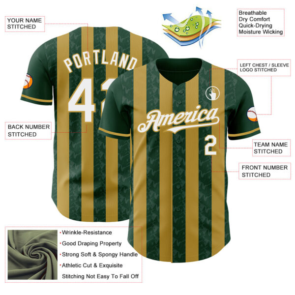 Custom Green White-Old Gold Classic Vertical Stripe Fluid Liquid Texture Authentic Baseball Jersey