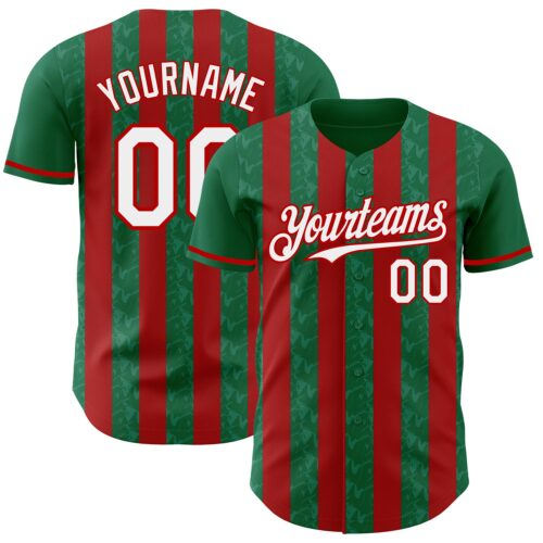 Pinstripe0293 Custom Kelly Green White-Red Classic Vertical Stripe Fluid Liquid Texture Authentic Baseball Jersey