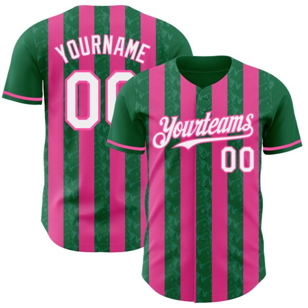 Custom Kelly Green White-Pink Classic Vertical Stripe Fluid Liquid Texture Authentic Baseball Jersey