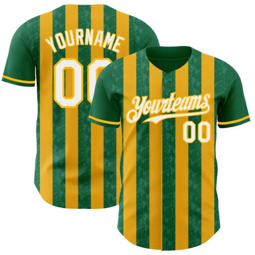 Pinstripe0296 Custom Kelly Green White-Gold Classic Vertical Stripe Fluid Liquid Texture Authentic Baseball Jersey