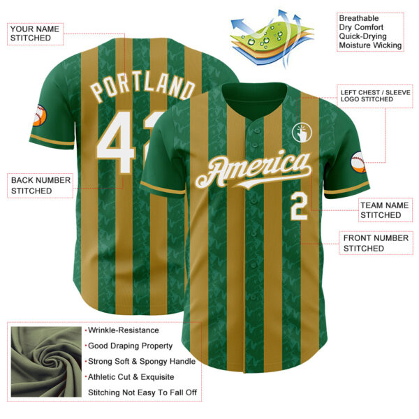 Custom Kelly Green White-Old Gold Classic Vertical Stripe Fluid Liquid Texture Authentic Baseball Jersey