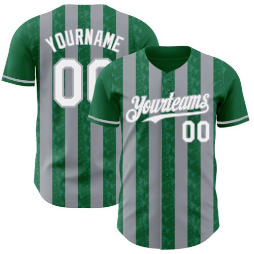 Pinstripe0298 Custom Kelly Green White-Gray Classic Vertical Stripe Fluid Liquid Texture Authentic Baseball Jersey