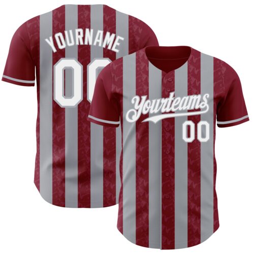 Pinstripe0303 Custom Crimson White-Gray Classic Vertical Stripe Fluid Liquid Texture Authentic Baseball Jersey