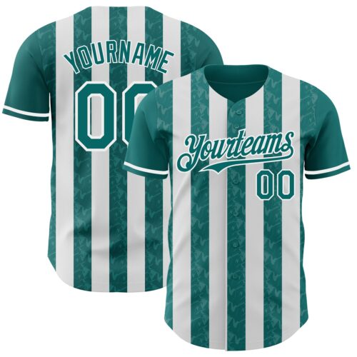 Custom Teal-White Classic Vertical Stripe Fluid Liquid Texture Authentic Baseball Jersey