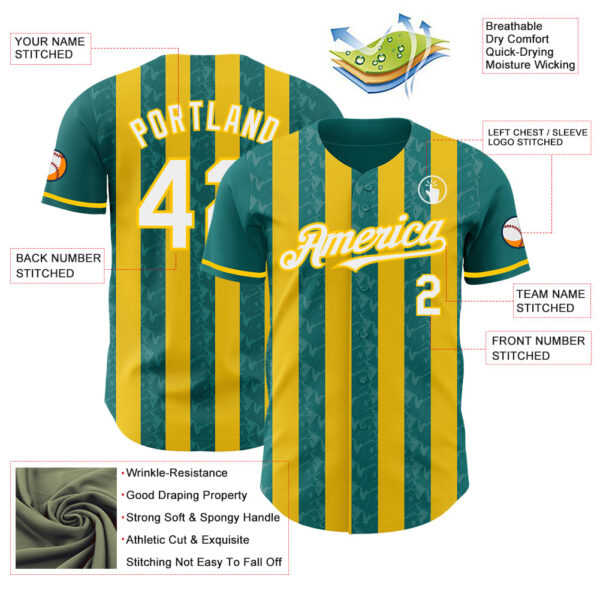 Custom Teal White-Yellow Classic Vertical Stripe Fluid Liquid Texture Authentic Baseball Jersey