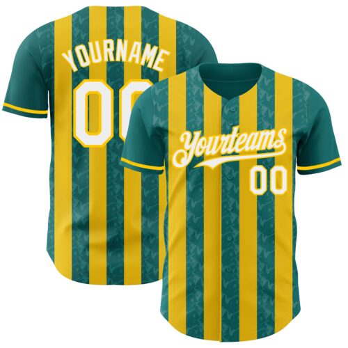 Pinstripe0307 Custom Teal White-Yellow Classic Vertical Stripe Fluid Liquid Texture Authentic Baseball Jersey