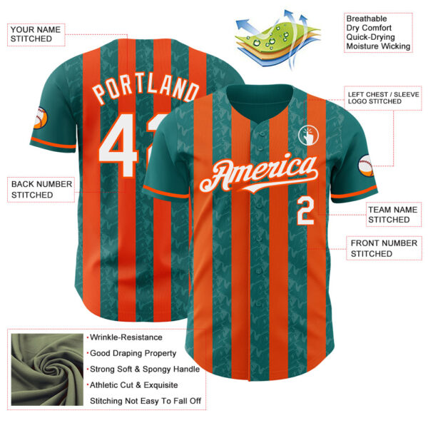 Custom Teal White-Orange Classic Vertical Stripe Fluid Liquid Texture Authentic Baseball Jersey
