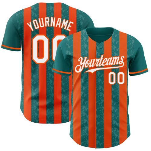 Pinstripe0308 Custom Teal White-Orange Classic Vertical Stripe Fluid Liquid Texture Authentic Baseball Jersey