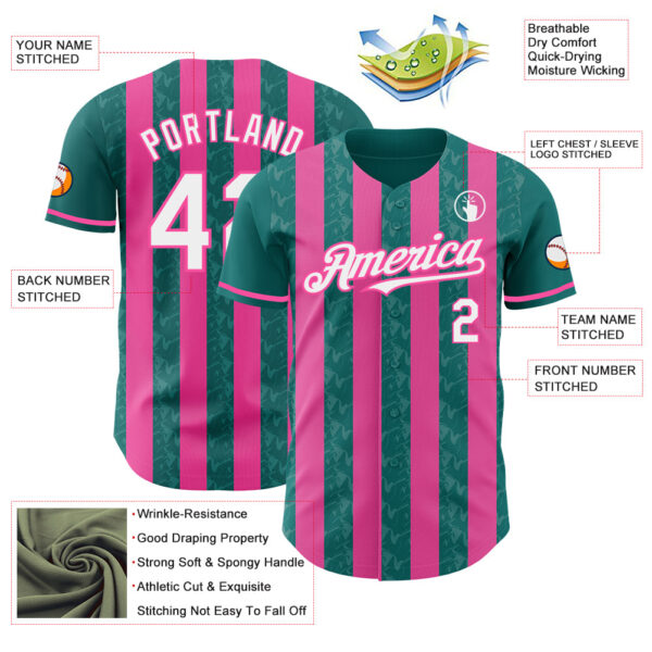 Custom Teal White-Pink Classic Vertical Stripe Fluid Liquid Texture Authentic Baseball Jersey