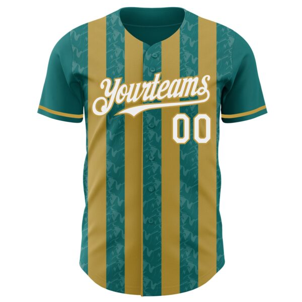 Custom Teal White-Old Gold Classic Vertical Stripe Fluid Liquid Texture Authentic Baseball Jersey