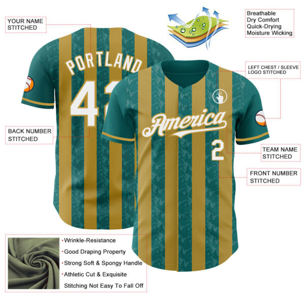 Custom Teal White-Old Gold Classic Vertical Stripe Fluid Liquid Texture Authentic Baseball Jersey
