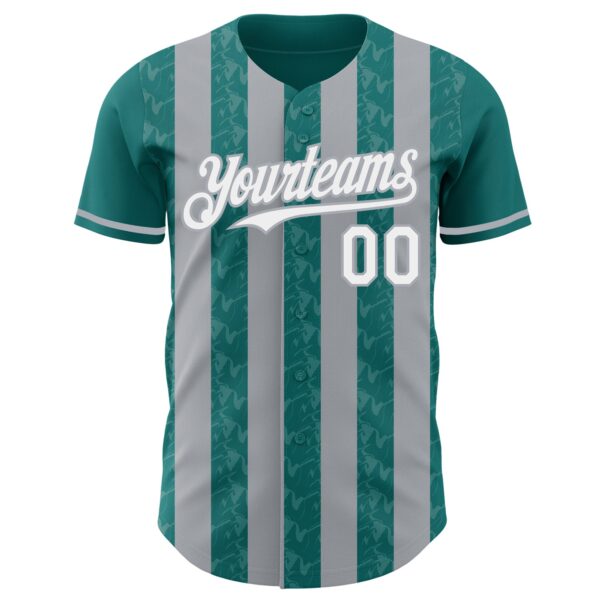 Custom Teal White-Gray Classic Vertical Stripe Fluid Liquid Texture Authentic Baseball Jersey
