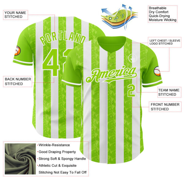 Custom Neon Green-White Classic Vertical Stripe Fluid Liquid Texture Authentic Baseball Jersey