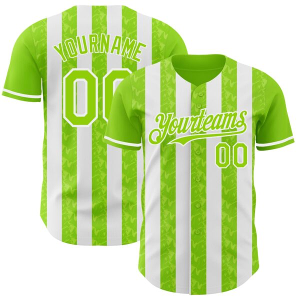 Custom Neon Green-White Classic Vertical Stripe Fluid Liquid Texture Authentic Baseball Jersey