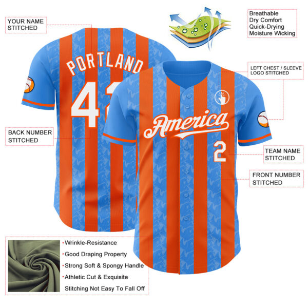 Custom Electric Blue White-Orange Classic Vertical Stripe Fluid Liquid Texture Authentic Baseball Jersey