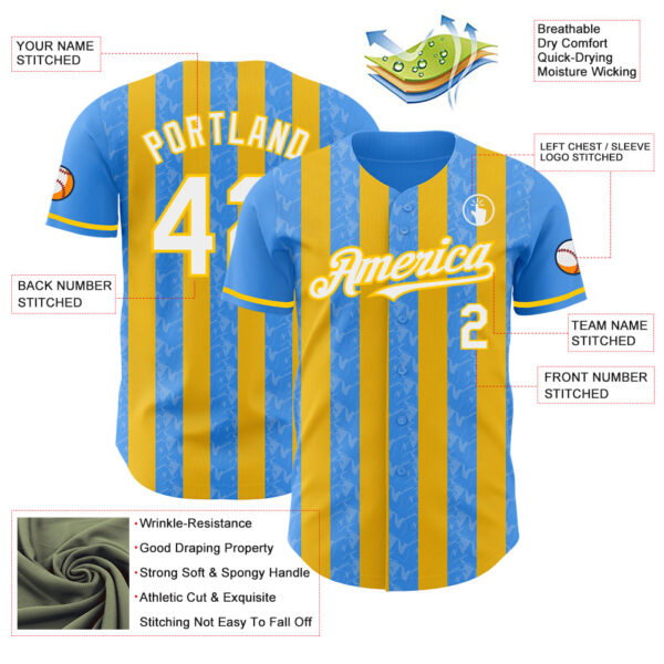 Custom Electric Blue White-Yellow Classic Vertical Stripe Fluid Liquid Texture Authentic Baseball Jersey