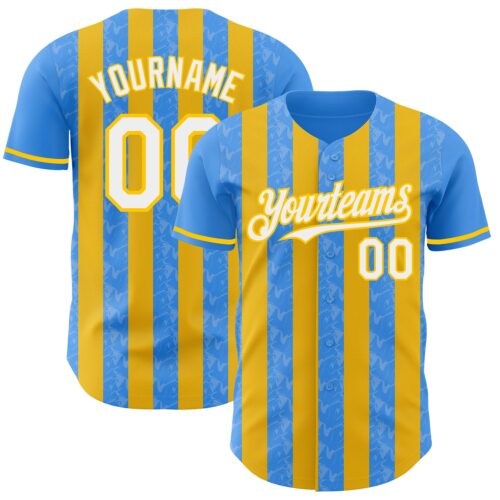Pinstripe0319 Custom Electric Blue White-Yellow Classic Vertical Stripe Fluid Liquid Texture Authentic Baseball Jersey