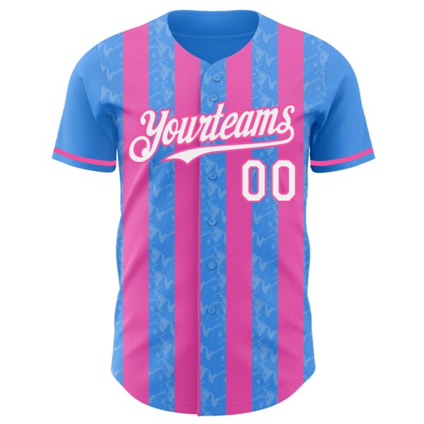Custom Electric Blue White-Pink Classic Vertical Stripe Fluid Liquid Texture Authentic Baseball Jersey