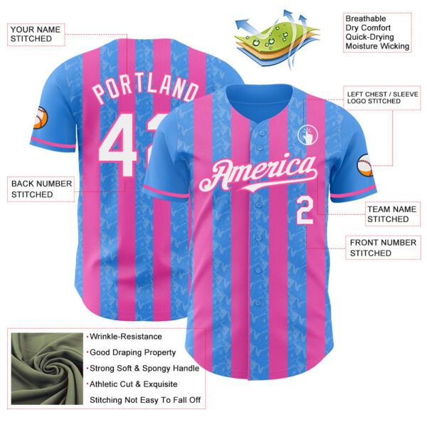 Custom Electric Blue White-Pink Classic Vertical Stripe Fluid Liquid Texture Authentic Baseball Jersey