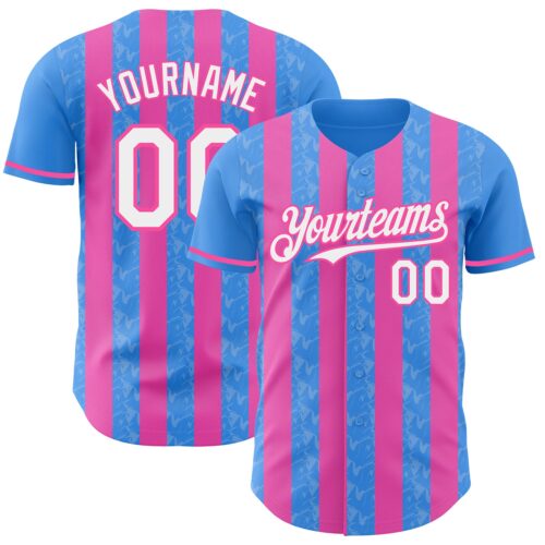 Pinstripe0320 Custom Electric Blue White-Pink Classic Vertical Stripe Fluid Liquid Texture Authentic Baseball Jersey