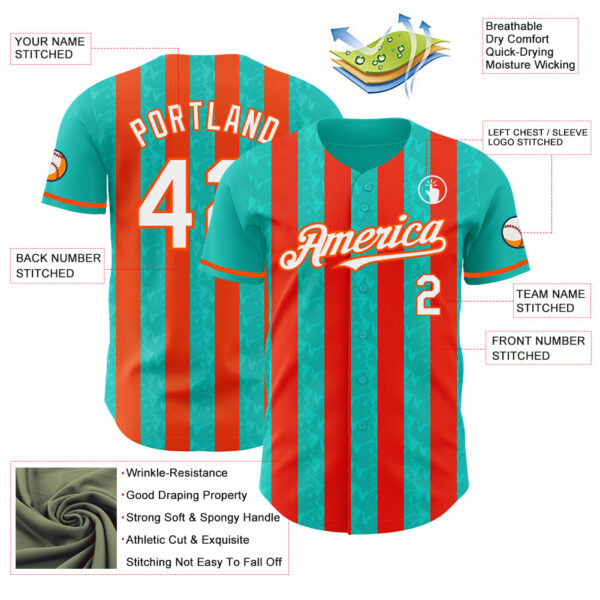 Custom Aqua White-Orange Classic Vertical Stripe Fluid Liquid Texture Authentic Baseball Jersey