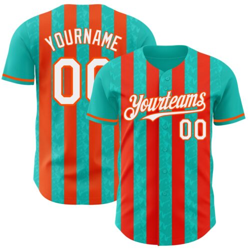 Pinstripe0322 Custom Aqua White-Orange Classic Vertical Stripe Fluid Liquid Texture Authentic Baseball Jersey