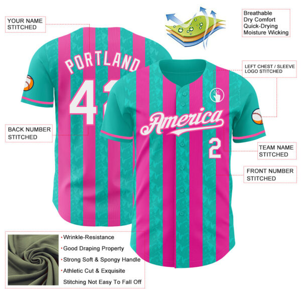 Custom Aqua White-Pink Classic Vertical Stripe Fluid Liquid Texture Authentic Baseball Jersey