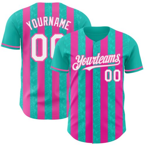 Pinstripe0323 Custom Aqua White-Pink Classic Vertical Stripe Fluid Liquid Texture Authentic Baseball Jersey