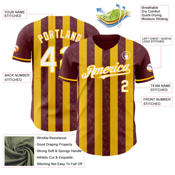 Custom Burgundy White-Gold Classic Vertical Stripe Fluid Liquid Texture Authentic Baseball Jersey