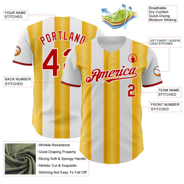 Custom White Red-Gold Gradient Vertical Stripe Argentina Style Authentic Baseball Jersey