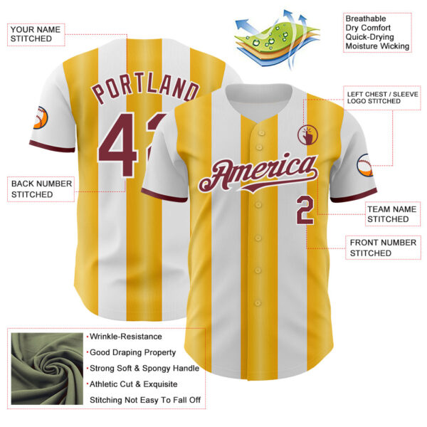Custom White Burgundy-Gold Gradient Vertical Stripe Argentina Style Authentic Baseball Jersey