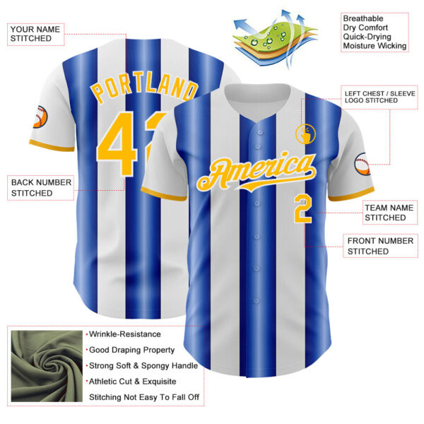 Custom White Gold-Royal Gradient Vertical Stripe Argentina Style Authentic Baseball Jersey
