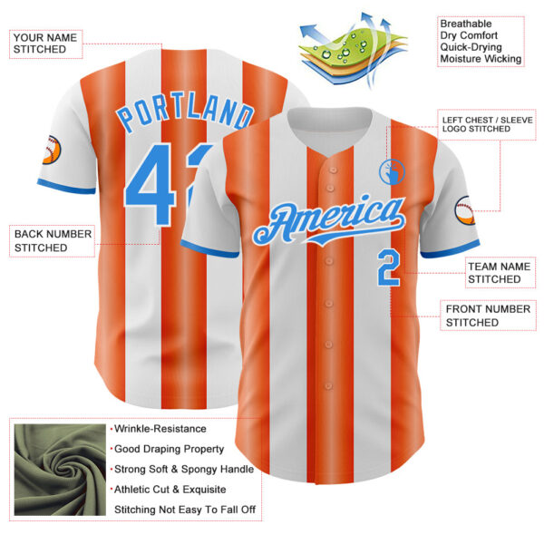Custom White Electric Blue-Orange Gradient Vertical Stripe Argentina Style Authentic Baseball Jersey
