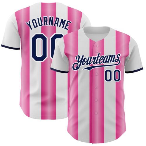 Custom White Navy-Pink Gradient Vertical Stripe Argentina Style Authentic Baseball Jersey