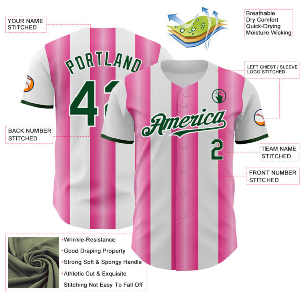 Custom White Green-Pink Gradient Vertical Stripe Argentina Style Authentic Baseball Jersey