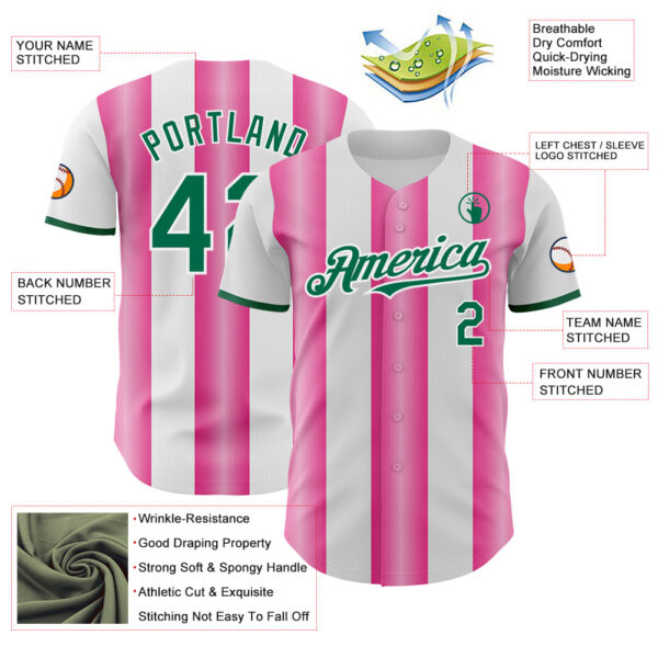 Custom White Kelly Green-Pink Gradient Vertical Stripe Argentina Style Authentic Baseball Jersey