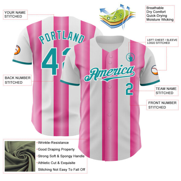 Custom White Teal-Pink Gradient Vertical Stripe Argentina Style Authentic Baseball Jersey