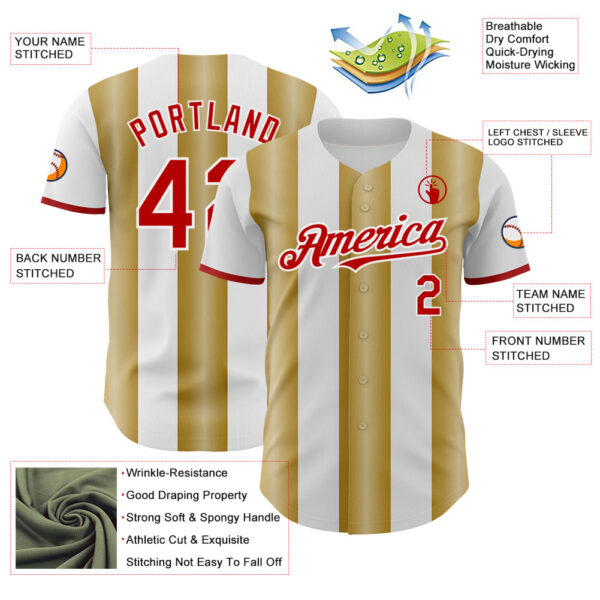 Custom White Red-Old Gold Gradient Vertical Stripe Argentina Style Authentic Baseball Jersey