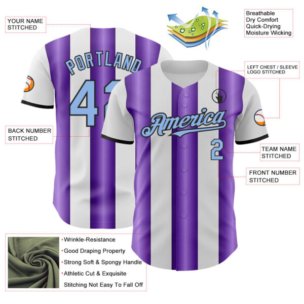 Custom White Light Blue Purple-Black Gradient Vertical Stripe Argentina Style Authentic Baseball Jersey