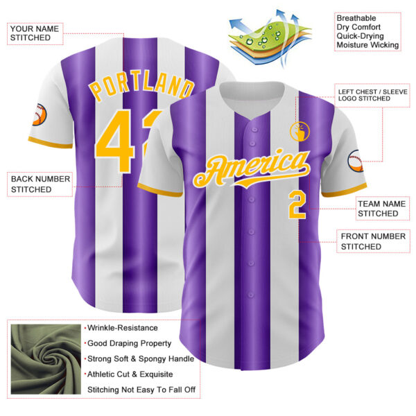 Custom White Gold-Purple Gradient Vertical Stripe Argentina Style Authentic Baseball Jersey